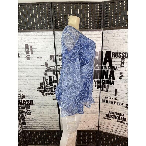 New York City Design L Blue Paisley Silk Beaded V-Neck Long Bell Sleeve Top - Picture 3 of 6